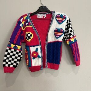 Vintage knit Rachel’s kids sweater multicolor flowers and hearts 6x